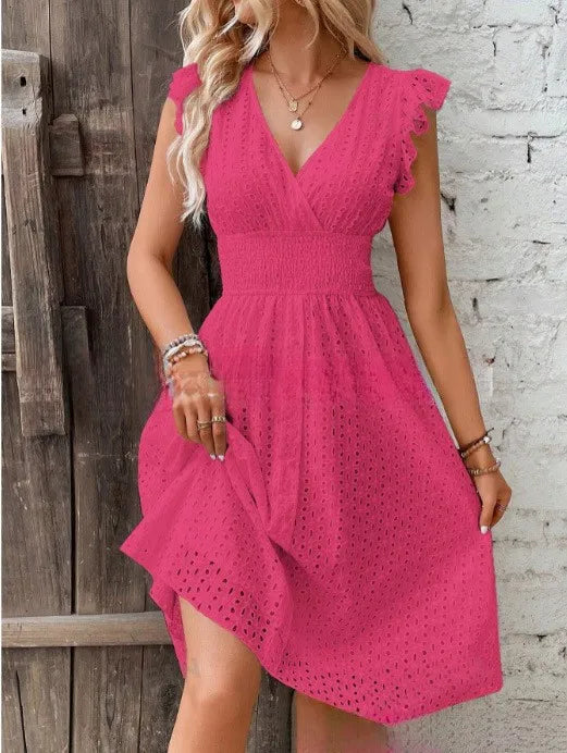  Women's Eyelet V-Neck Midi Dress