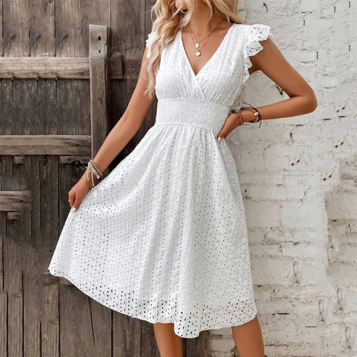  Women's Eyelet V-Neck Midi Dress