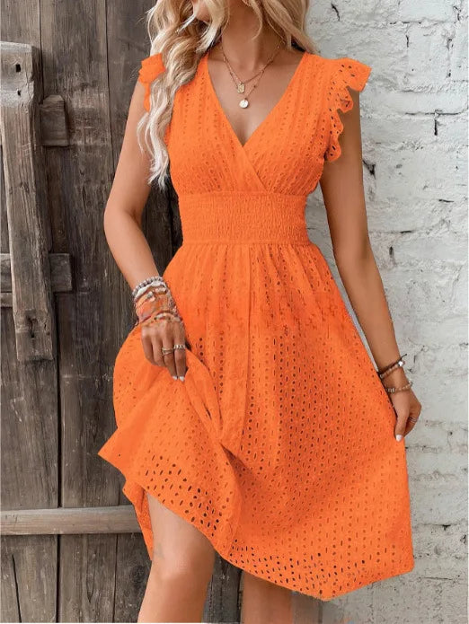  Women's Eyelet V-Neck Midi Dress