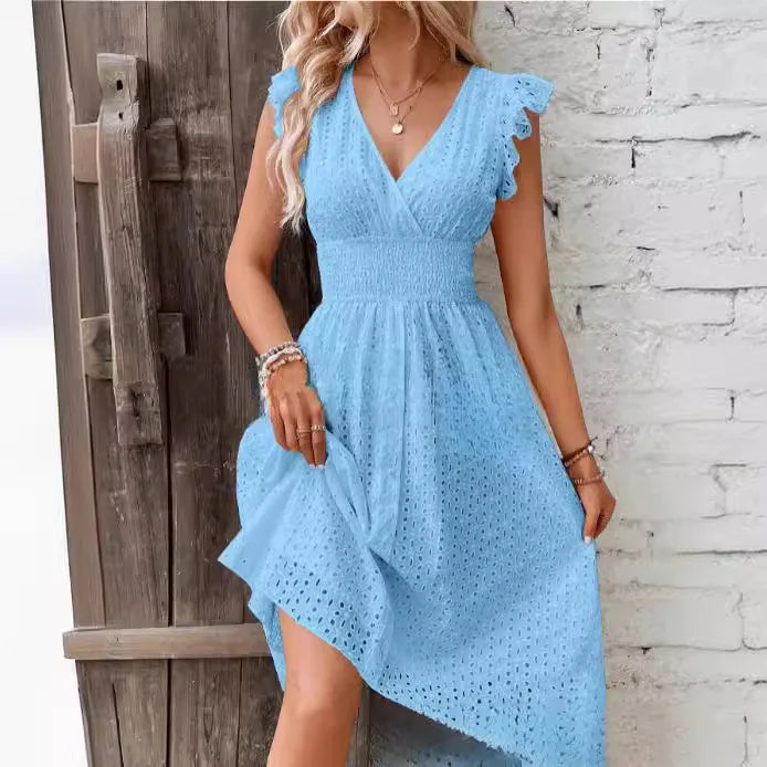  Women's Eyelet V-Neck Midi Dress
