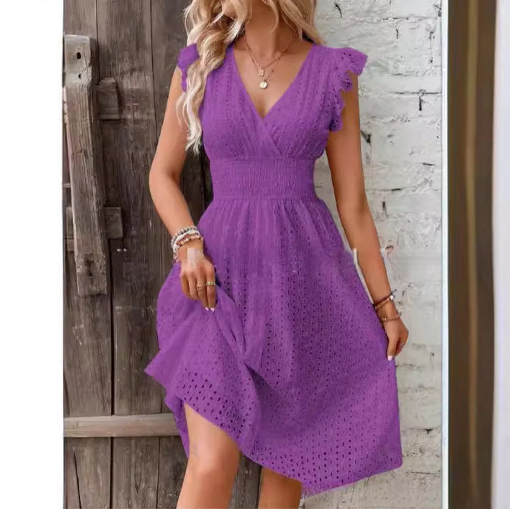  Women's Eyelet V-Neck Midi Dress