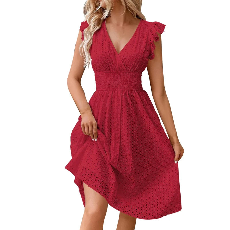  Women's Eyelet V-Neck Midi Dress