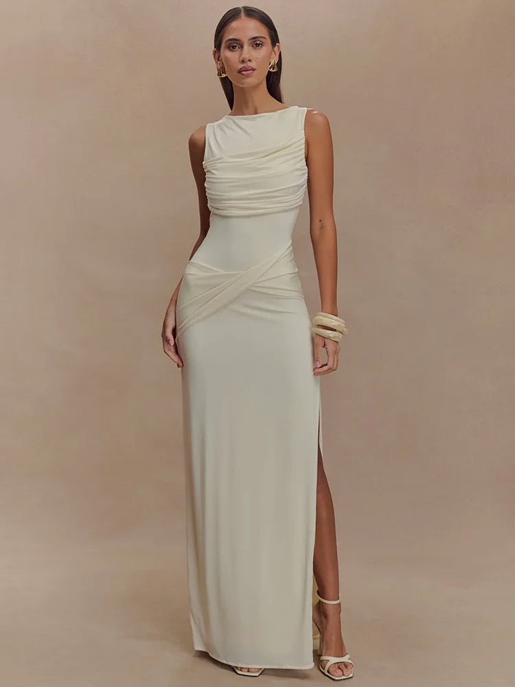 Women's Ivory Ruched Sleeveless Evening Gown