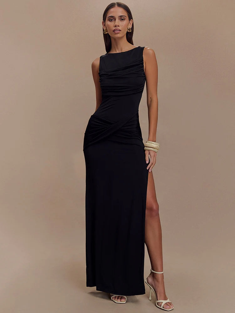 Women's Ivory Ruched Sleeveless Evening Gown