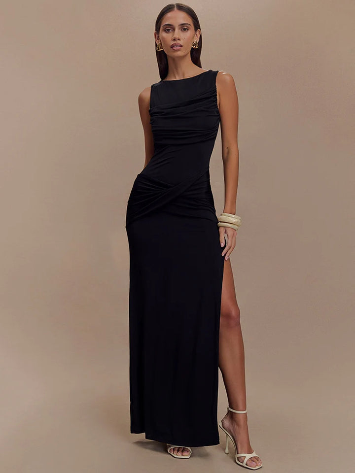 Women's Ivory Ruched Sleeveless Evening Gown