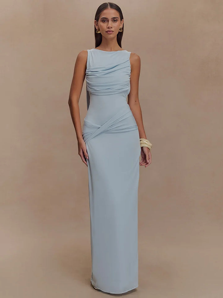 Women's Ivory Ruched Sleeveless Evening Gown