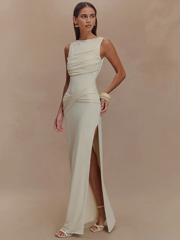 Women's Ivory Ruched Sleeveless Evening Gown