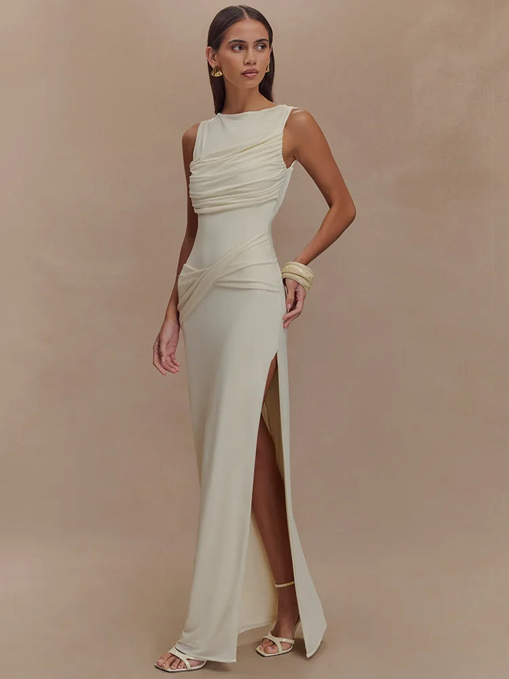 Women's Ivory Ruched Sleeveless Evening Gown