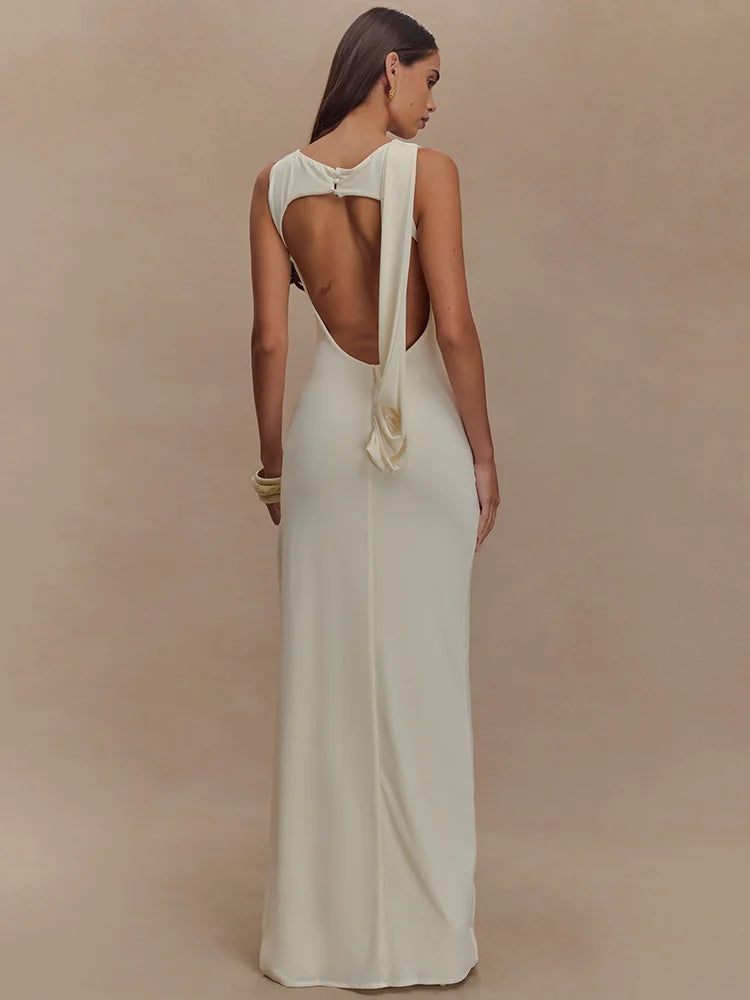 Women's Ivory Ruched Sleeveless Evening Gown