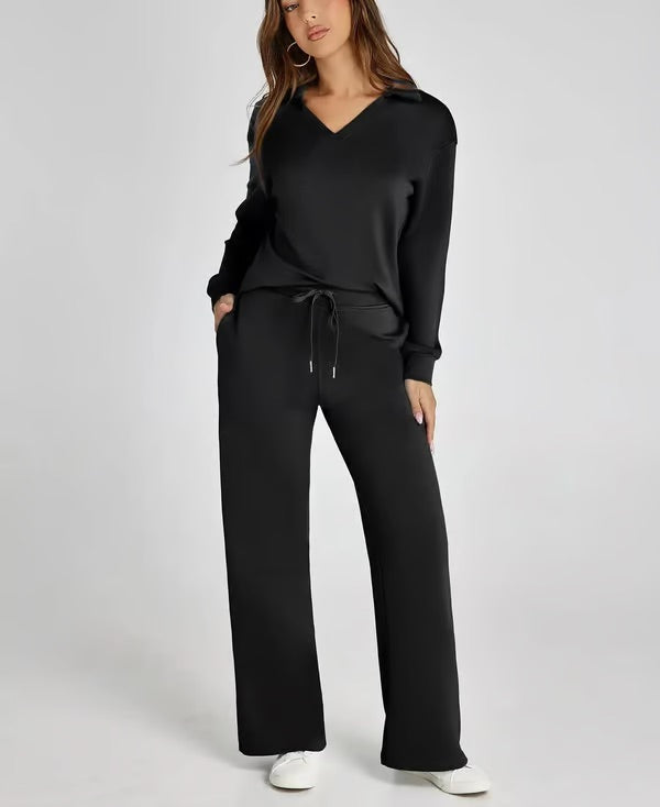 Two-Piece Set V-Neck Sweatshirt Elastic Trousers
