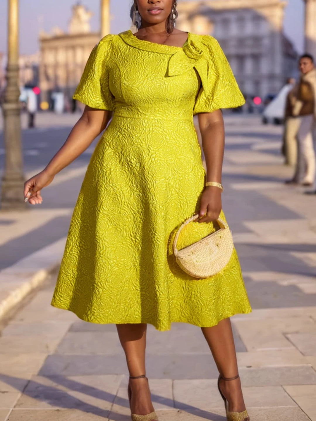 Yellow Jacquard Elegant A-line Dress