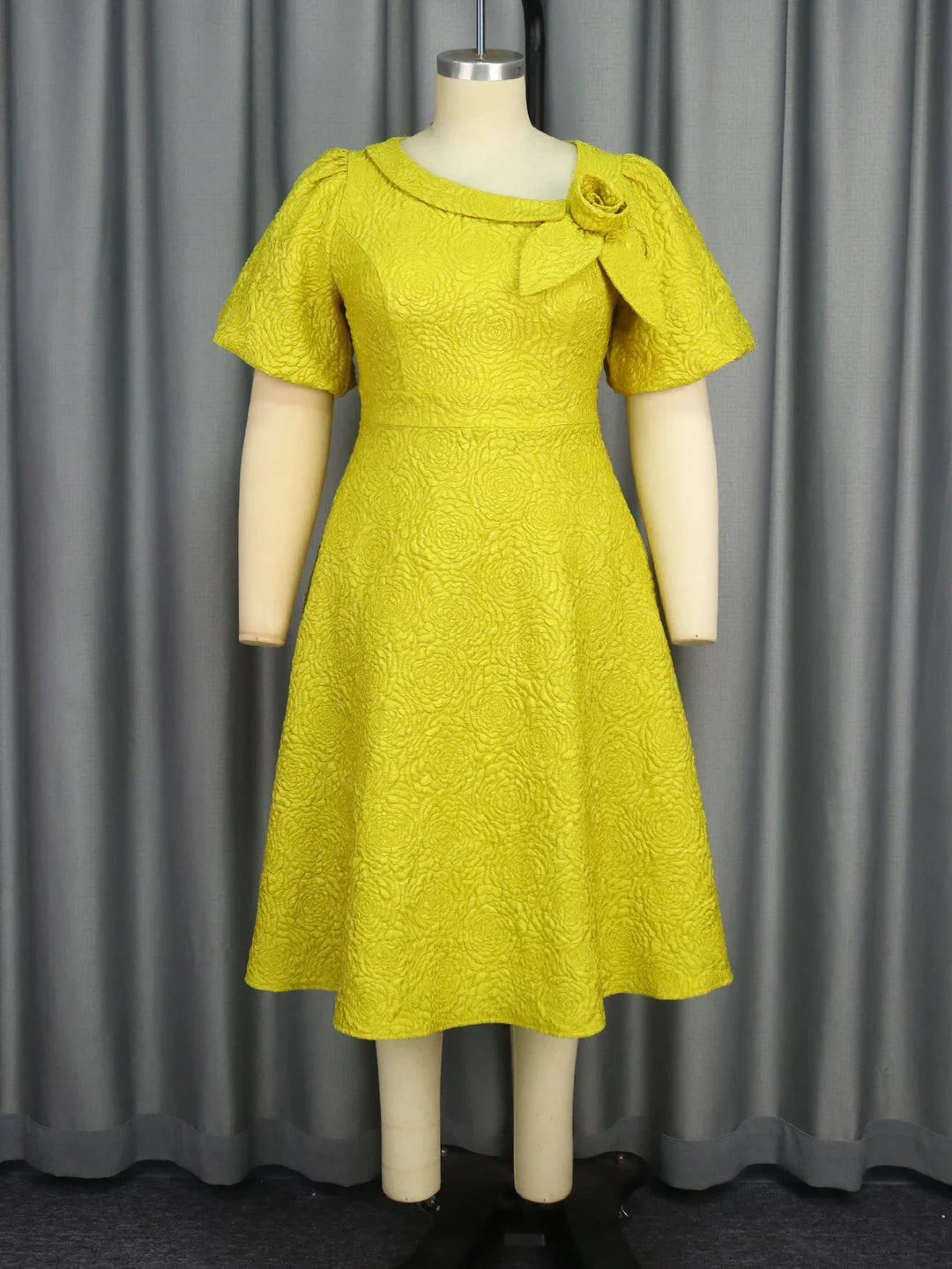 Yellow Jacquard Elegant A-line Dress
