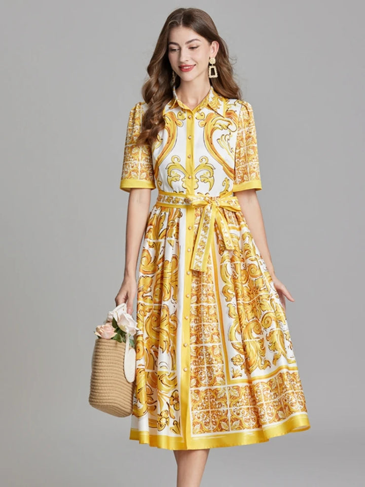 Yellow & White Print Midi Shirt Dress