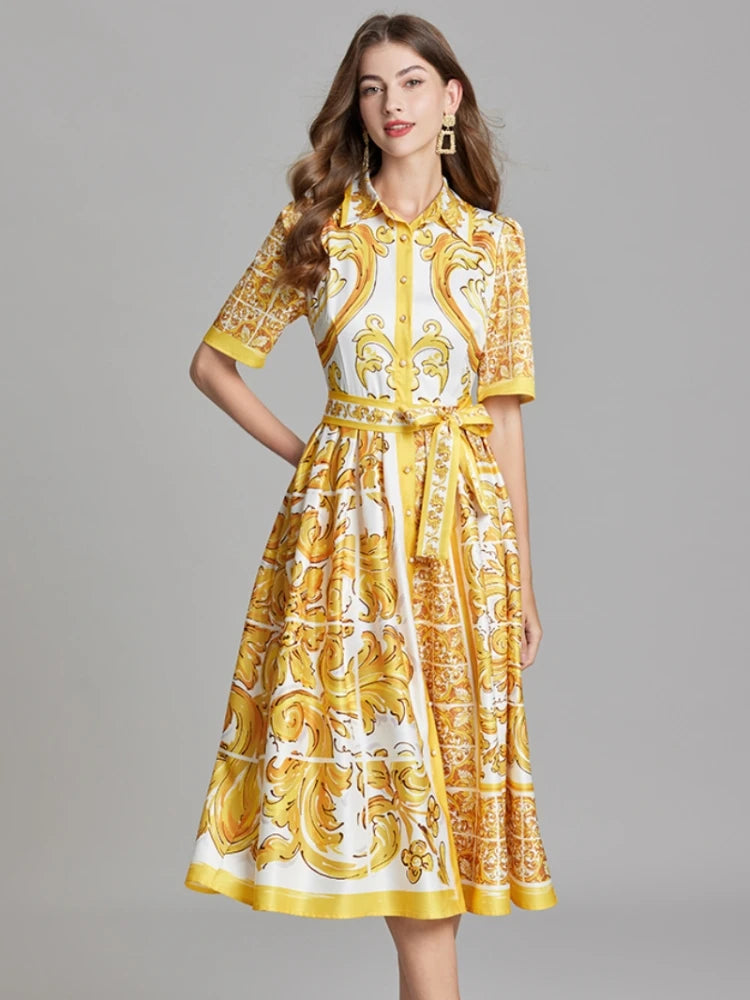 Yellow & White Print Midi Shirt Dress