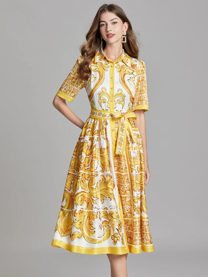 Yellow & White Print Midi Shirt Dress