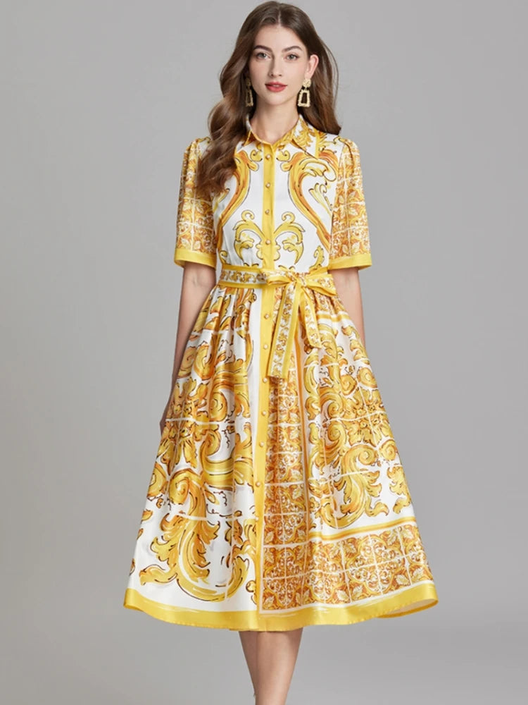 Yellow & White Print Midi Shirt Dress