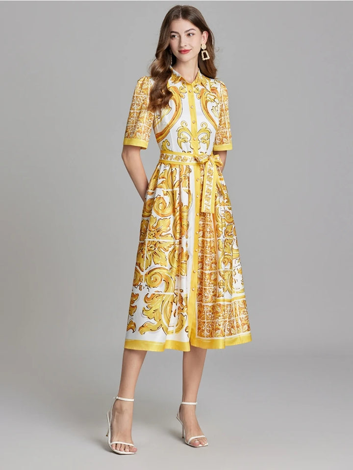 Yellow & White Print Midi Shirt Dress