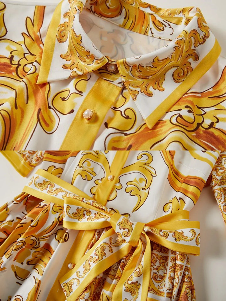 Yellow & White Print Midi Shirt Dress