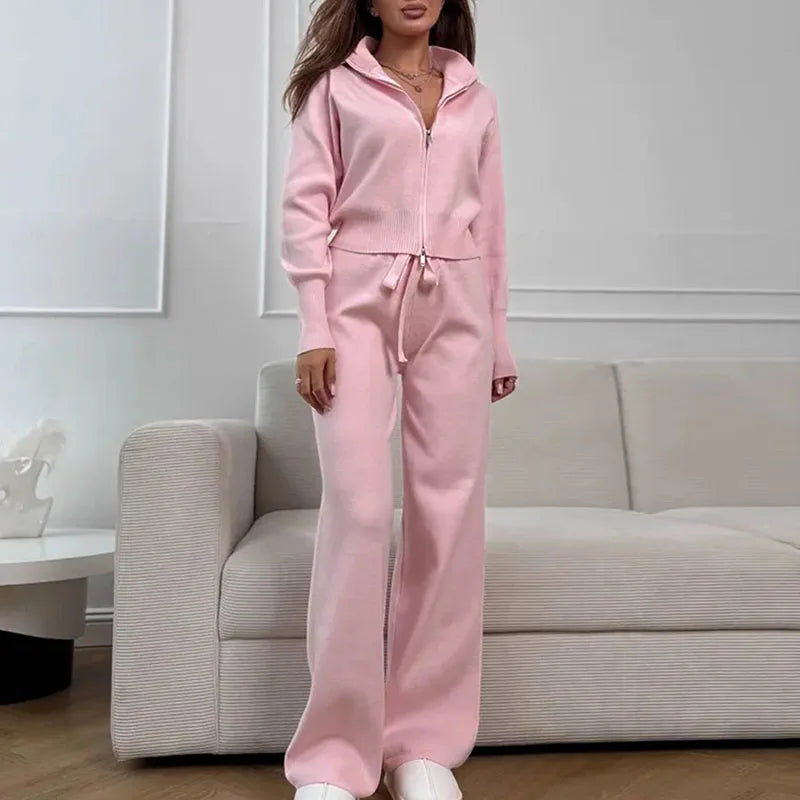 Zip-Up Lounge Set with Wide Leg Pants