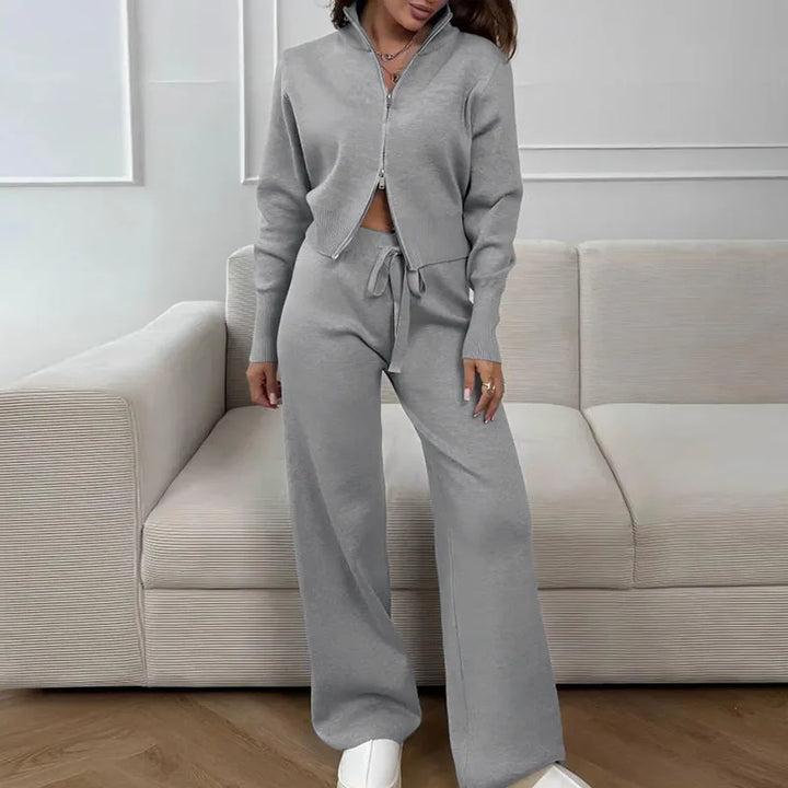 Zip-Up Lounge Set with Wide Leg Pants