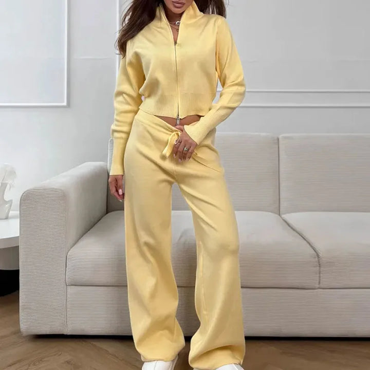 Zip-Up Lounge Set with Wide Leg Pants