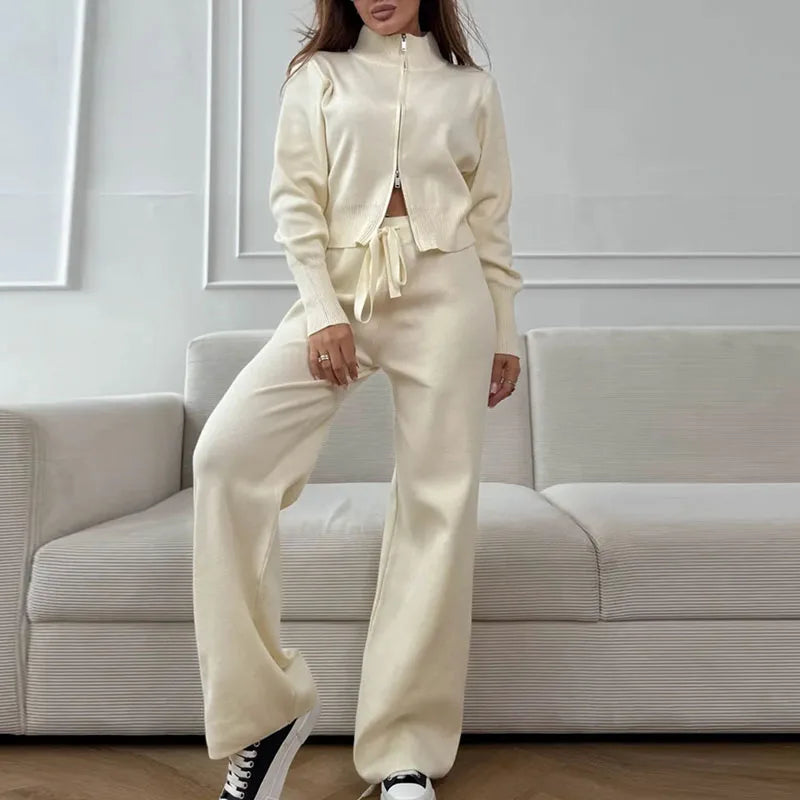 Zip-Up Lounge Set with Wide Leg Pants