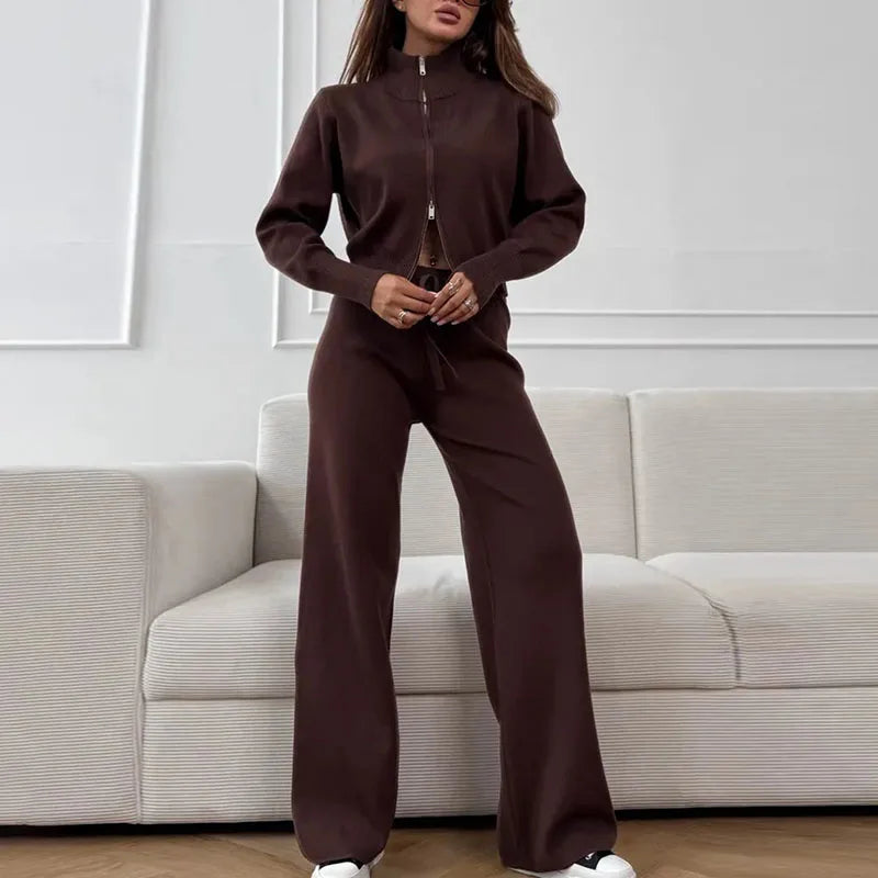 Zip-Up Lounge Set with Wide Leg Pants