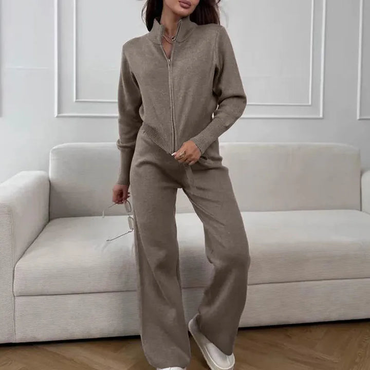 Zip-Up Lounge Set with Wide Leg Pants