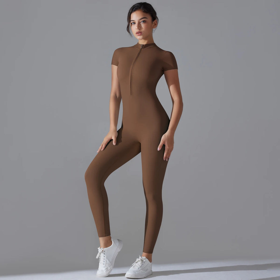 Chic Zip-Up Short Sleeve Workout Jumpsuit